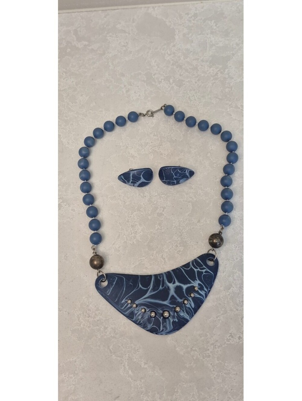 Vintage 1980s Marbled Polymer Clay Bib Necklace Matching Teardrop Earring Set